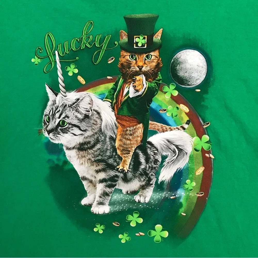Lucky Cats Graphic Tee Adult 3XL XXXL Green Saint Patricks Day Leprechaun Unicat - Picture 2 of 7